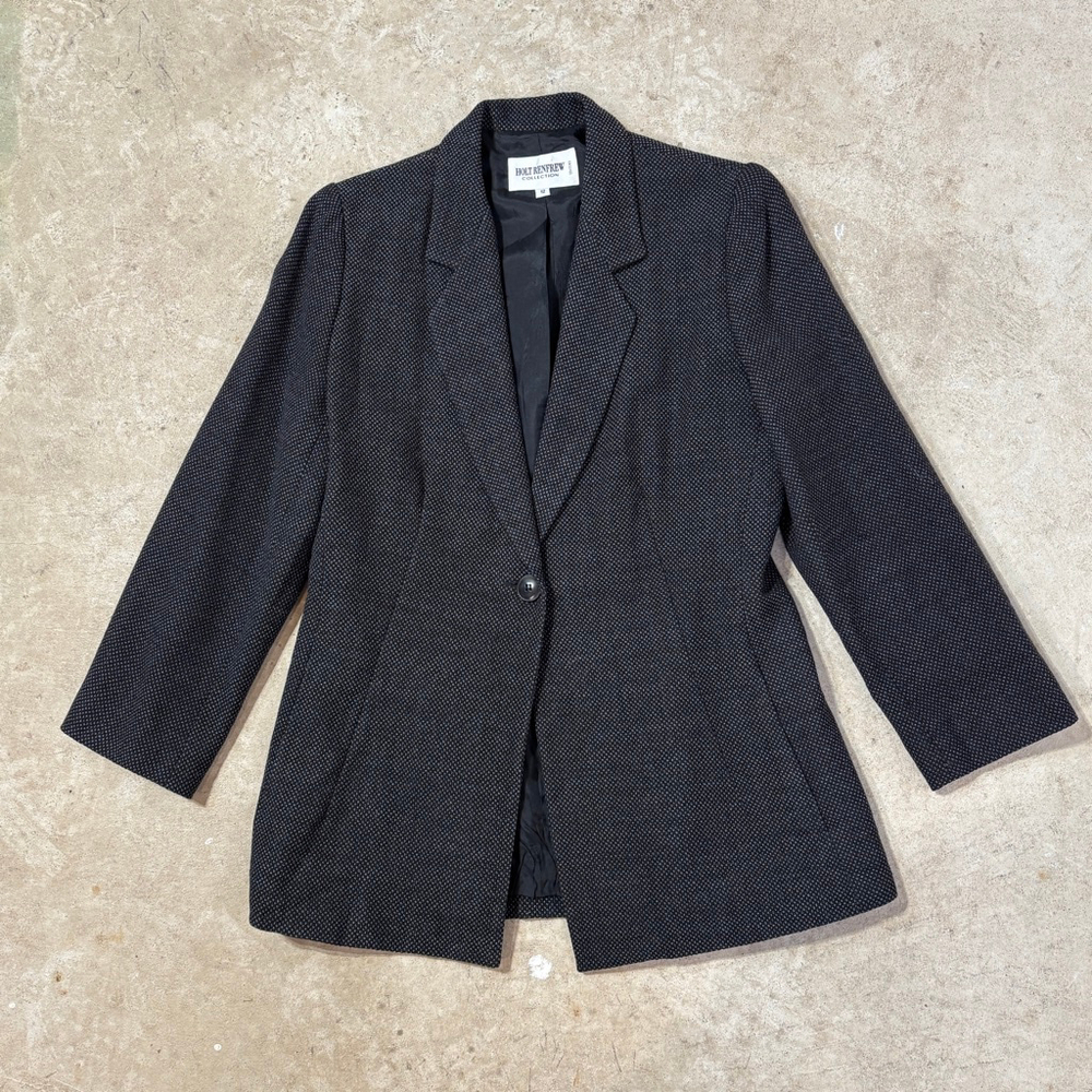 Vintage Holt Renfrew Black Gray Blazer Jacket Women’s Size 12 One Button Wool